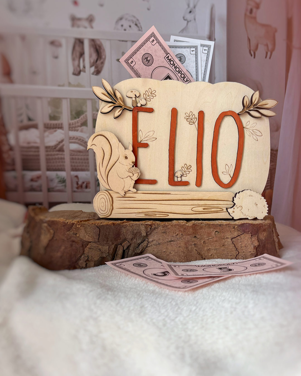 Tirelire personnalisée prenom enfant Le Coffre aux etoiles Foret nature Elio enfant