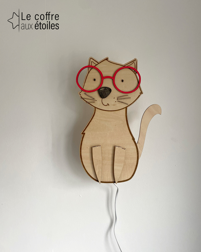 Veilleuse murale en bois chat à lunette - Le Coffre aux Étoiles