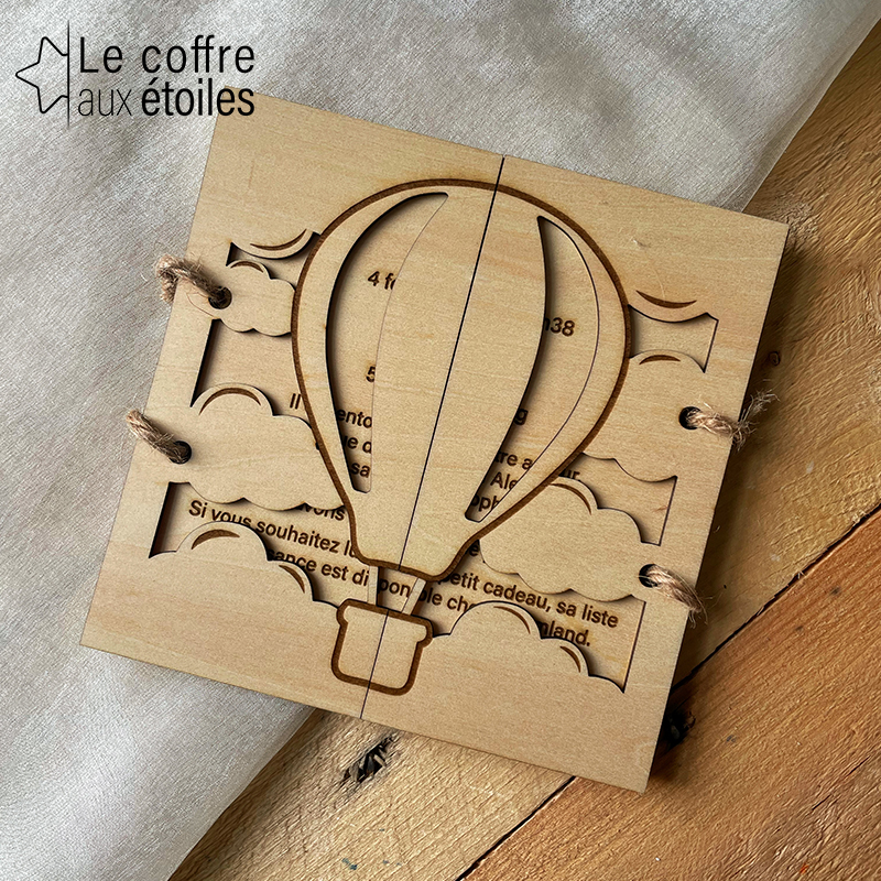 Faire-Part de Naissance en Bois - Montgolfière dans les Nuages