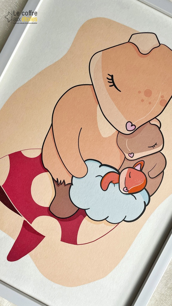 Destockage - Illustration Famille de Renards sur un Champignon