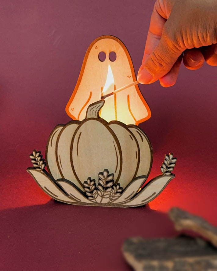 Photophore fantôme Halloween en bois